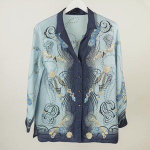 Escada Blue Patterned Silk Button-Up Blouse